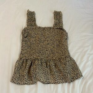 Tan, cropped leopard print shirt, flowy bottom